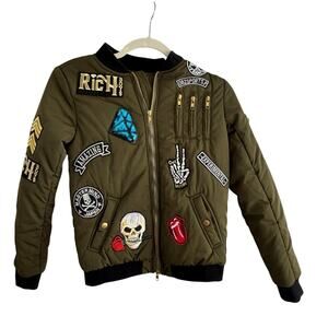 Rich Boys Bomber Jacket 10-12 Pockets Patches Skull Peace Money Olive Green